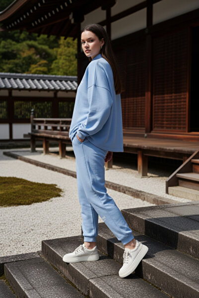 MODA Mavi Essentials Baskılı Yarım Balıkçı Sweatshirt-Eşofman Kadın Eşofman Takımı