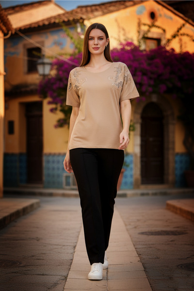 Brevia Vizon Blossom Çicek Nakış ve Taş İşlemeli Omuz Detay Kısa Kol Likralı ...