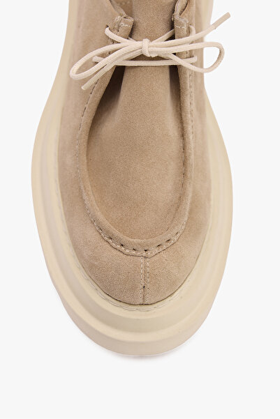 West To West Bej Süet Deri Kadın Günlük Kalın Taban Bağcıklı Ayakkabı
