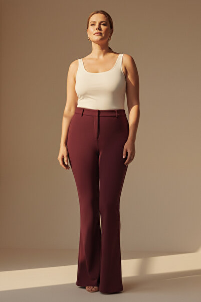 Hanezza Yeni !! Sarap Rengi Büyük Beden Kadın İspanyol Paça Pantolon | Zarif ve Rahat Kesim