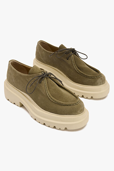 West To West Yeşil Süet Deri Kadın Günlük Kalın Taban Bağcıklı Ayakkabı