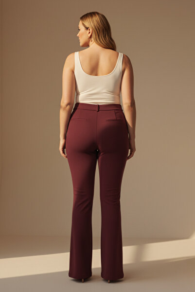 Hanezza Yeni !! Sarap Rengi Büyük Beden Kadın İspanyol Paça Pantolon | Zarif ve Rahat Kesim