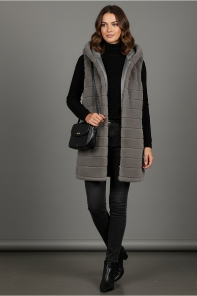 ANGEL LEON DREAM Kadın Kapüşonlu Suni Uzun Yelek Antrasit Gri