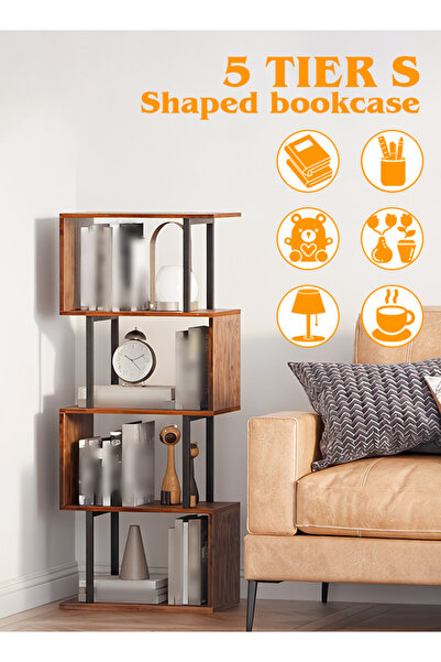 Ammar Space 5 Tier Bookshelves S-Shaped Geometric Display Shelf Bookcases Bookshelf Floor Standing
