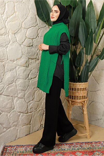 TRENDTESETTÜR WOMEN'S GREEN (BENETTON) SLEEVELESS TRICOT PONCHO WITH SIDE TIE DETAIL T 5208