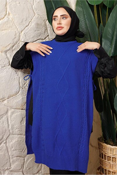 TRENDTESETTÜR ЖІНОЧИЙ СИНІЙ (САКС) З БІЧНИМИ ВУЗЛАМИ ДЕТАЛЬНИЙ БЕЗРУКАВНИЙ ТРИКО ПАНЧО Т 5208