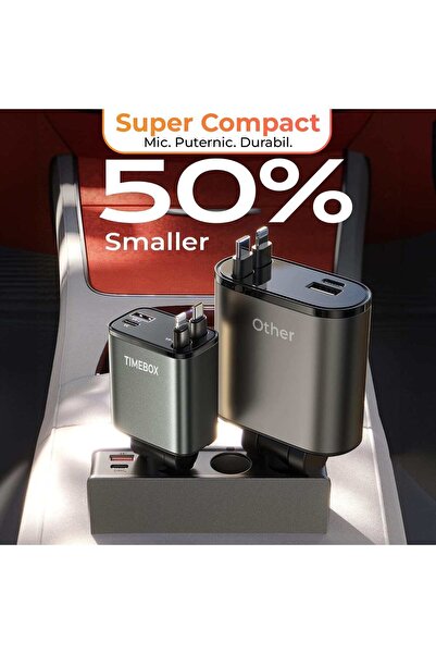 Timebox Încărcător auto 66W, încărcare super rapidă 4 în 1, cablu retractabil Type-C + USB-C, mufă USB, USB-C, LED D