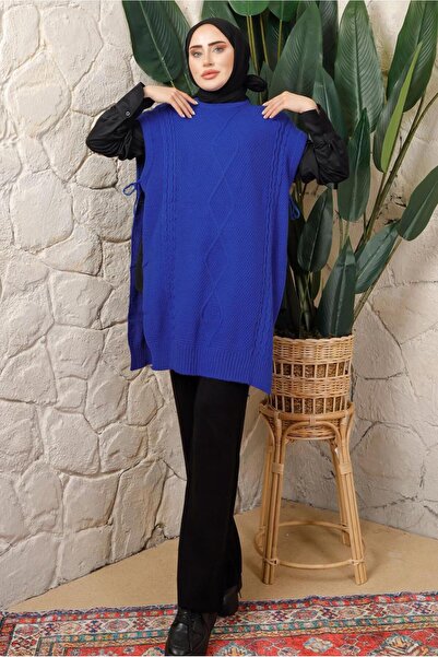 TRENDTESETTÜR ЖІНОЧИЙ СИНІЙ (САКС) З БІЧНИМИ ВУЗЛАМИ ДЕТАЛЬНИЙ БЕЗРУКАВНИЙ ТРИКО ПАНЧО Т 5208