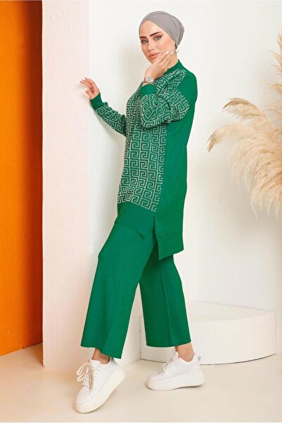 TRENDTESETTÜR Σετ γυναικείο πλεκτό παντελόνι με πράσινο σχέδιο Benetton - 4592