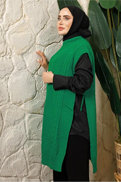 TRENDTESETTÜR WOMEN'S GREEN (BENETTON) SLEEVELESS TRICOT PONCHO WITH SIDE TIE DETAIL T 5208