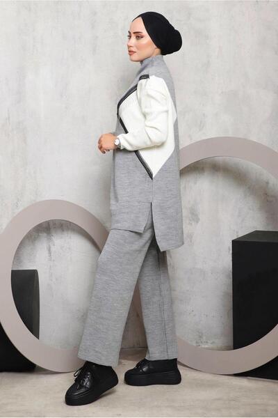 TRENDTESETTÜR Women's Gray Trousers with Tassel Detail Tricot Suit 2292