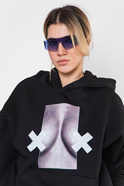 Sekizbiraltı Μπλούζα με κουκούλα με στάμπα Send Nudes, Oversize, Unisex, Μαύρη