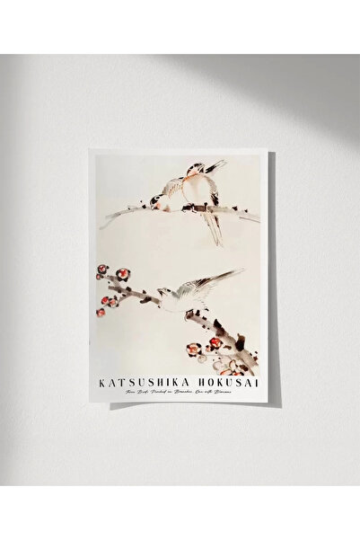 VOGLOO Çerçevesiz Poster Hokusai Dallara Tünemiş Üç Kuş