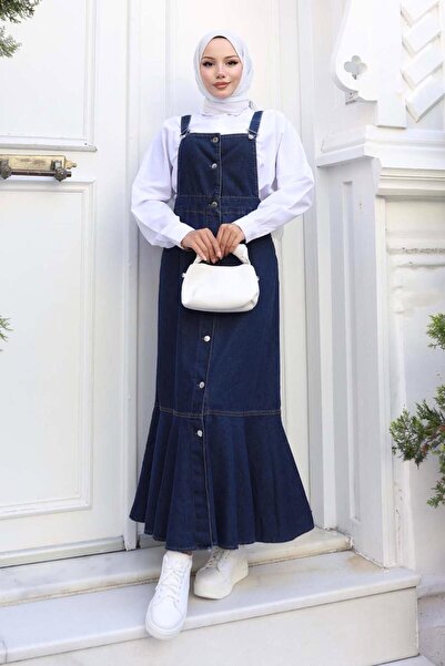 TRENDTESETTÜR KADIN LACİVERT DENİM SALOPET ELBİSE T 365