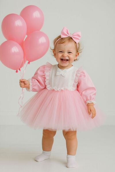 Hobidik Kız Çocuk Pembe Tüllü Kabarık Elbise Doğum Günü Parti Elbisesi