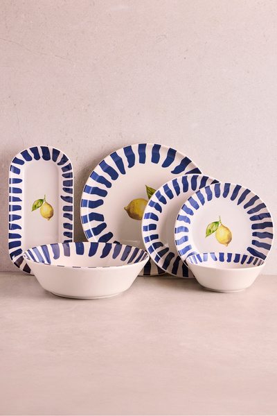 Perotti Limone Blu 27 Parça 6 Kişilik Seramik Yemek Takımı Limon Desenli Mavi...