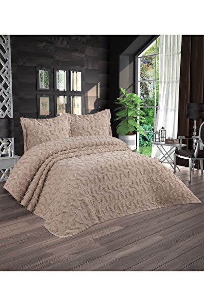 Lady London Ponponlu Ayça Model 3 Parça Çift Kişilik Yatak Örtüsü-Cappucino Rengi