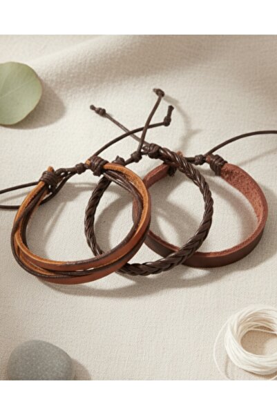 BSN Store Plain Design 3-Piece Genuine Leather Men's Bracelet