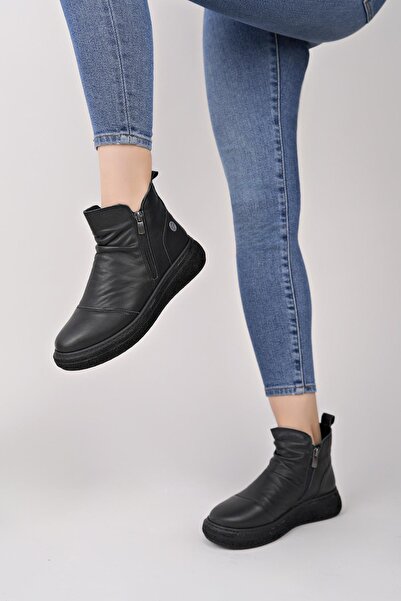 Mammamia D25Kb 1005 Black Genuine Leather Double Zipper Women's Boots