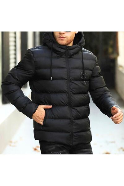 RİVERCLUP Jachetă sport pufă de iarnă cu glugă, căptușită neagră, rezistentă la vânt