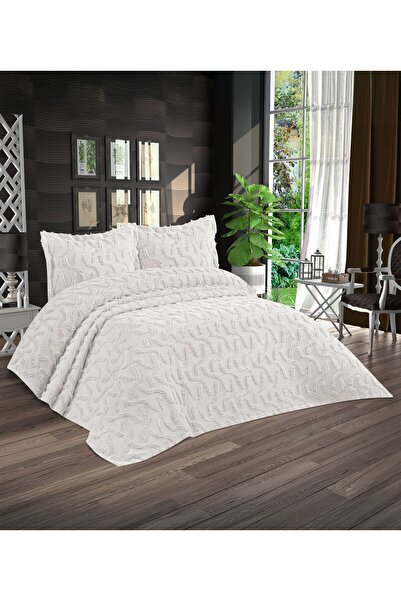 Lady London Ayça Ponponlu 3 Parça Çift Kişilik Yatak Örtüsü-Krem Rengi