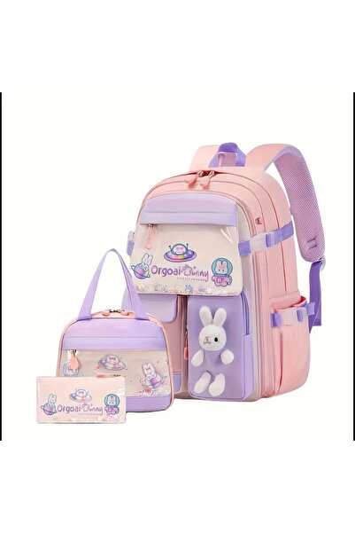 seyuse Su Geçirmez Büyük Kapasiteli Ilkokul Sırt Çantası Tavşan Oyuncaklı Okul Çanta Mor 3lü set