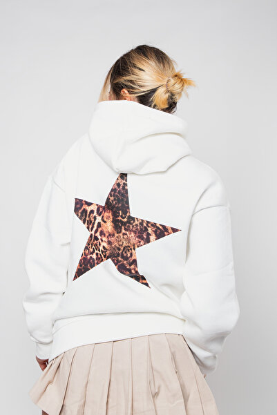 Sekizbiraltı Λευκό φούτερ με κουκούλα με στάμπα λεοπάρ με αστέρια στην πλάτη