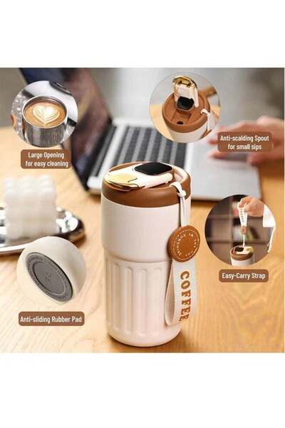 Cuken Insulated Coffee Cup, 450ml Stainless Steel Travel Mug with LED Display (Beige)