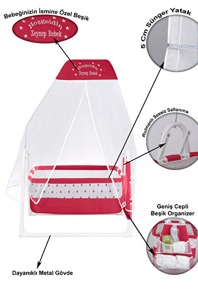 CHUBBY BABY İsme Özel Sallanır Beşik 5 cm Sünger Yataklı Organizerli Tüllü Ci...