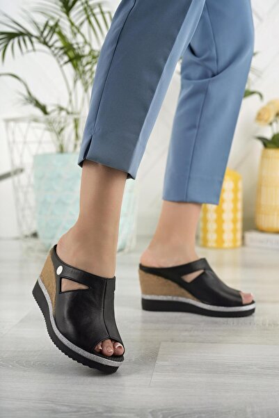 Mammamia D25Yt 1455 Black Genuine Leather Padding Women's Slippers