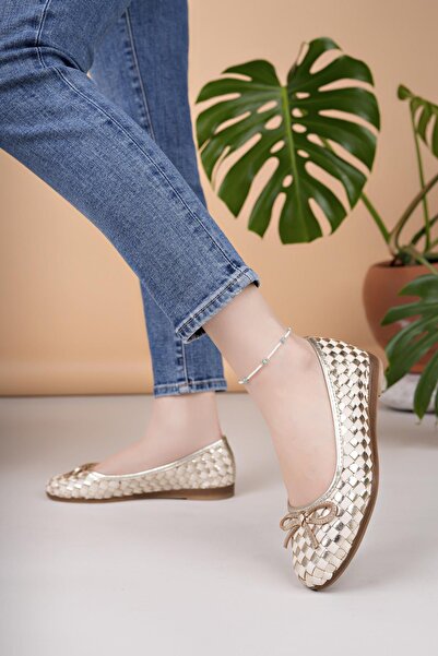 Mammamia D25Ya 525 Gold Genuine Leather Women's Ballerinas