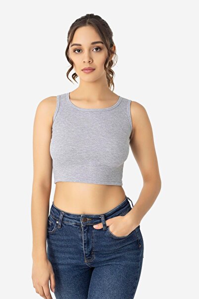 Arma Yıldız Women's Cotton Ribbed Halter Neckline Thick Strap Crop Gray
