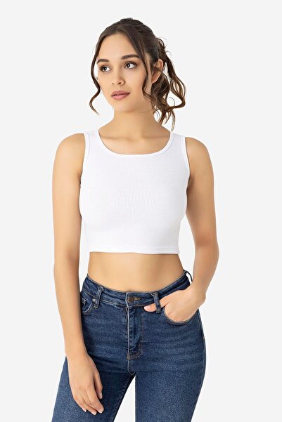 Arma Yıldız Women's Cotton Ribbed Halter Neckline Thick Strap Crop White