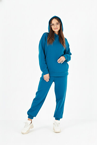 ESPİNA Set de trening pentru femei, cu căptușeală din fleece piese, supradimensionat buzunare - Albastru închis