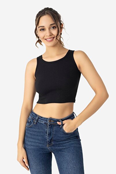 Arma Yıldız Women's Cotton Ribbed Halter Neckline Thick Strap Crop Bustier Black