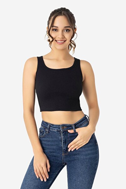 Arma Yıldız Women's Cotton Ribbed Halter Neckline Thick Strap Crop Bustier Black