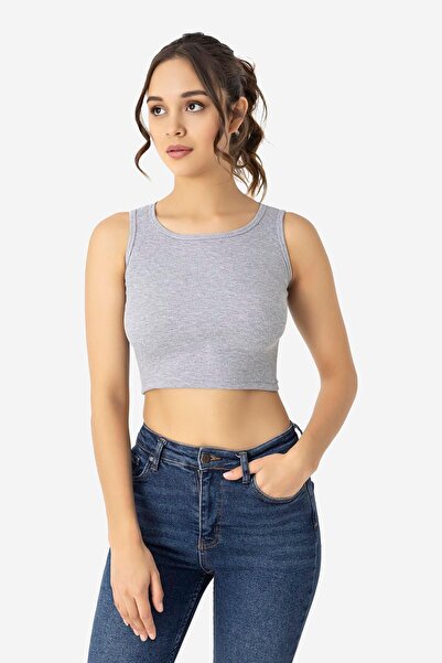Arma Yıldız Women's Cotton Ribbed Halter Neckline Thick Strap Crop Gray