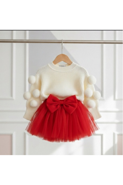 kokosh _ kidss burcu sapmaz Girls' Pom-Pom Knit Sweater and Red Tutu Skirt Set