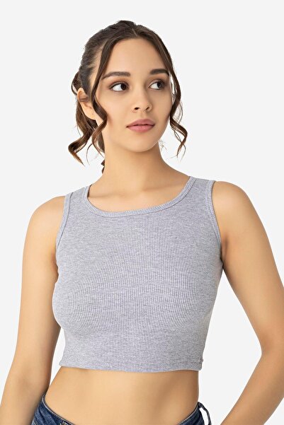 Arma Yıldız Women's Cotton Ribbed Halter Neckline Thick Strap Crop Gray