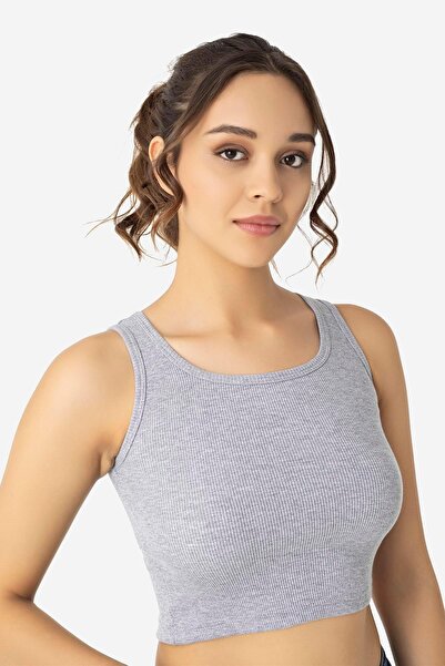 Arma Yıldız Women's Cotton Camisole Crew Neck Thick Straps Crop Gray