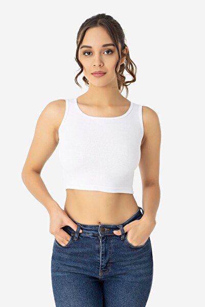 Arma Yıldız Women's Cotton Ribbed Halter Neckline Thick Strap Crop White
