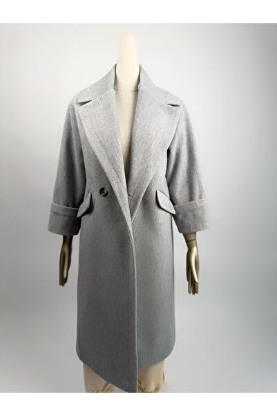 FEMİAS Premium Kalite Gri Düğmeli Kruvaze Oversize Kaşe Kaban