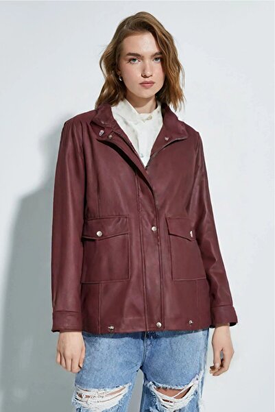 Saade Women's Relax Fit Faux Leather Bomber Jacket with Mock Neck Snap Closures and Zipper Pockets - Adjustable Waist