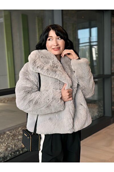 FEMİAS Premium Kalite Sofia Geniş Yaka Gri Kürk