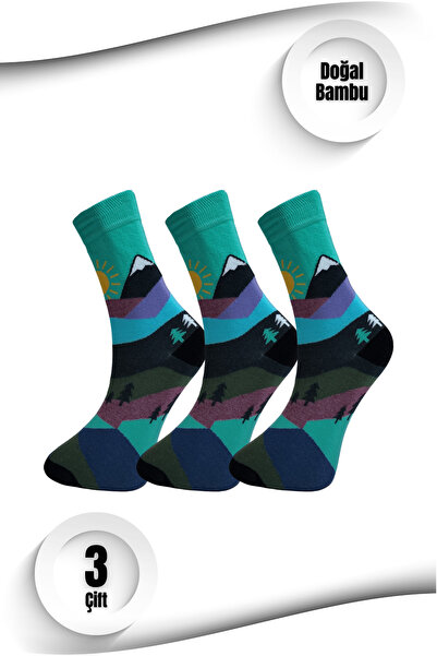 PUFAZZO Uniseks Bambu Çorap 3'lü Set - Dağ Desenli, Dikişsiz, Nefes Alabilir,...