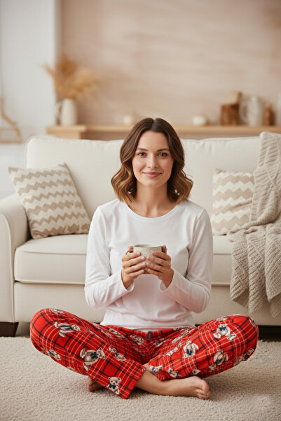 Mrey Red Teddy Bear Striped Checkered Patterned Soft Velvet Pajama Bottom, Single Bottom Pajamas