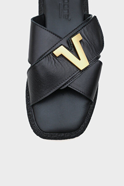 Capone Outfitters Kata Genuine Leather Cross Banded V Buckle Flat Heeled Comfort Women's Slippers