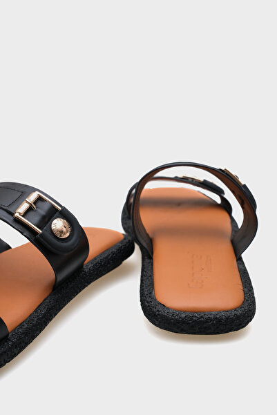 Capone Outfitters Enya Genuine Leather Double Buckle Flat Heeled Comfort Women's Slippers