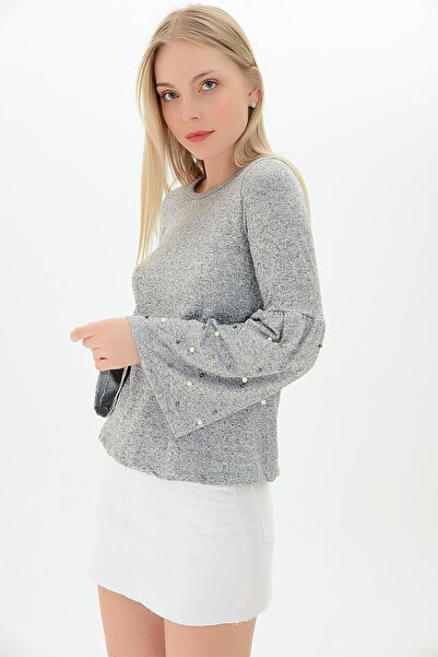 Cotton Mood 9100985 Yumoş Sleeve Wide Flounce Pearl Blouse Gray