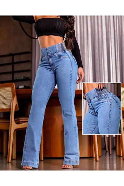 ARONA MDB Kadın Yüksek Bel Yanları Lastik önü Düğmeli Kot Pantolon